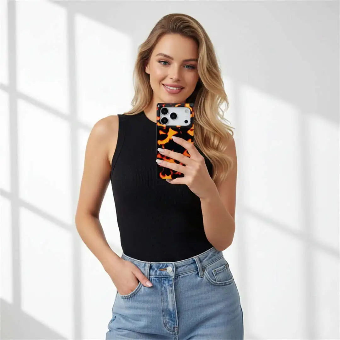 Woman holding a phone with a black case against a white background