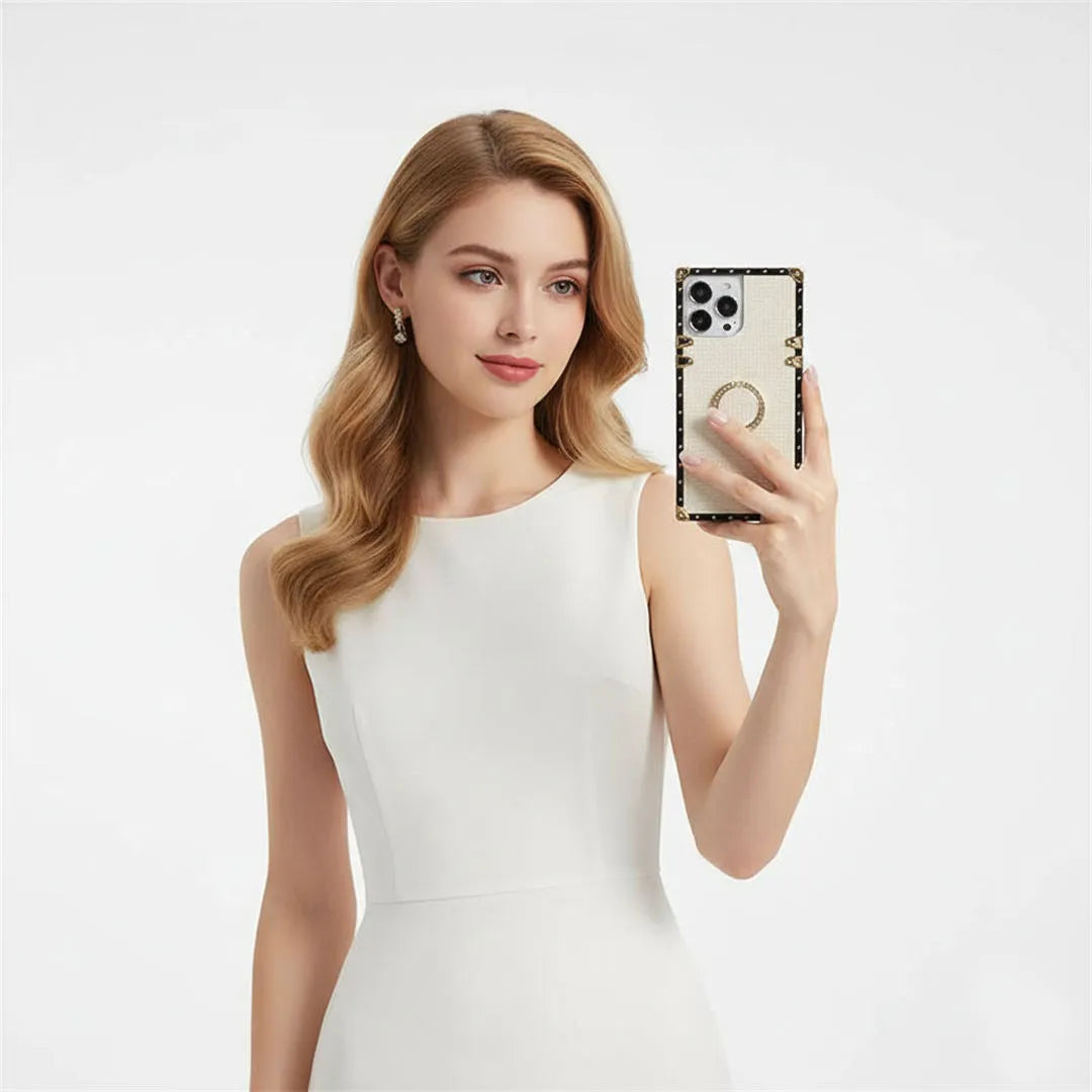 Woman holding a smartphone with a white background