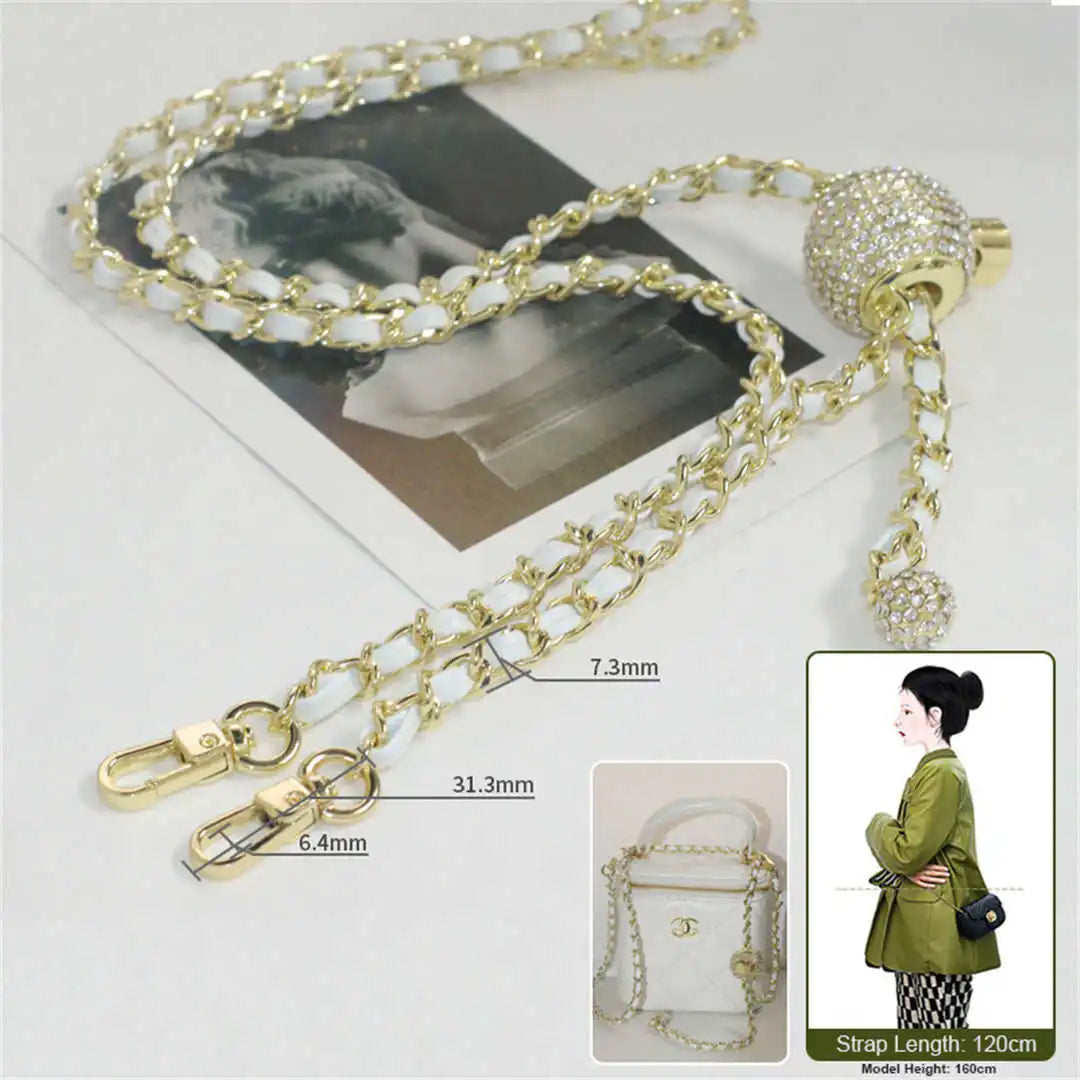 crossbody gold chain with white leather 120cm on a white background