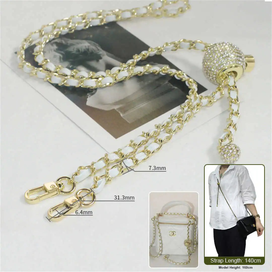 crossbody gold chain with white leather 140cm on a white background