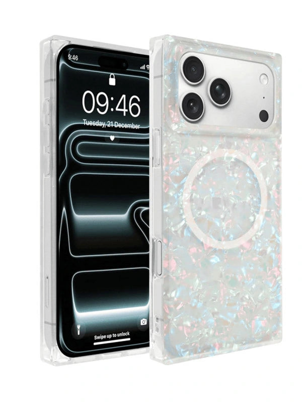white opal shell square iphone case with magsafe on a white background