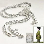 crossbody silver chain with white leather 120cm on a white background