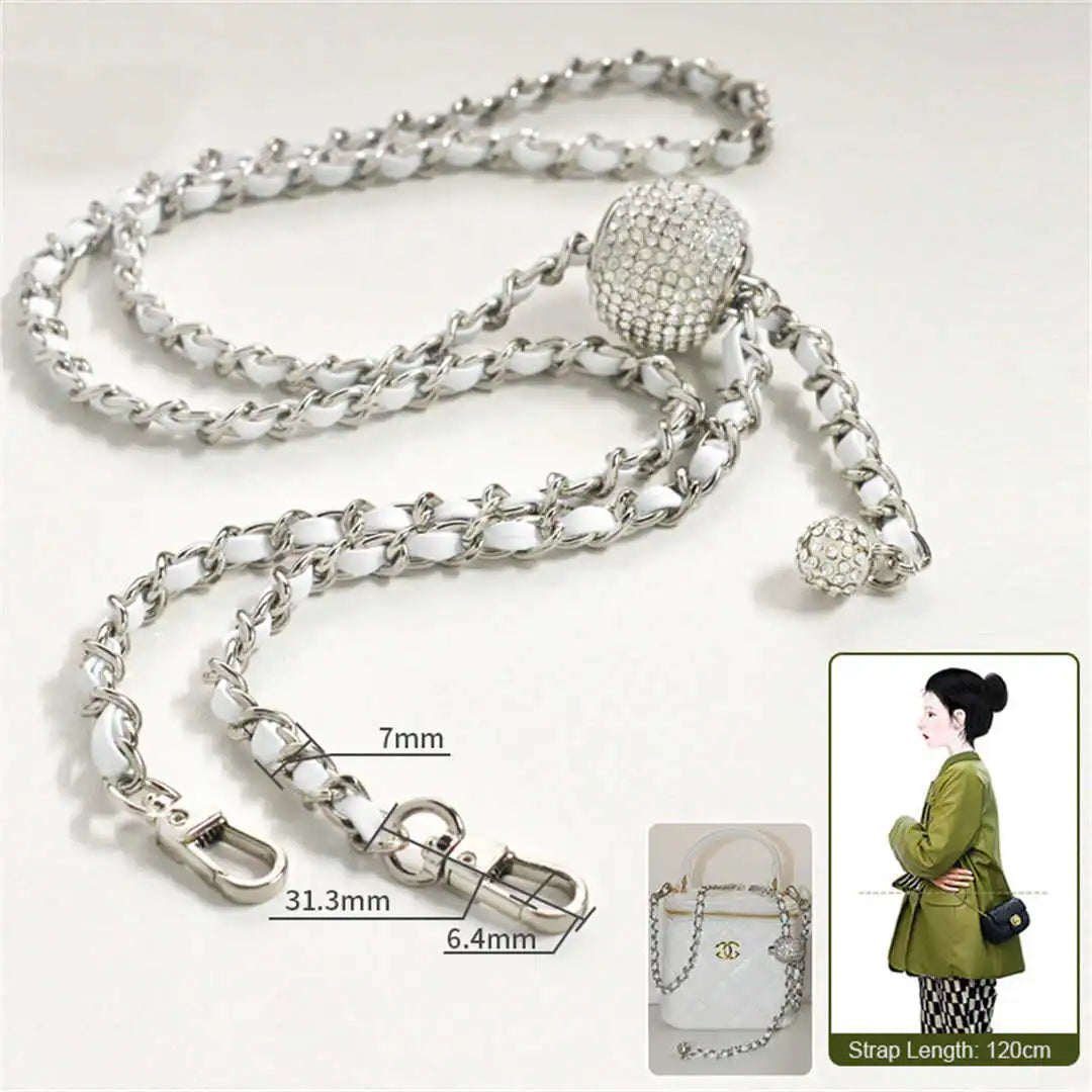 crossbody silver chain with white leather 120cm on a white background