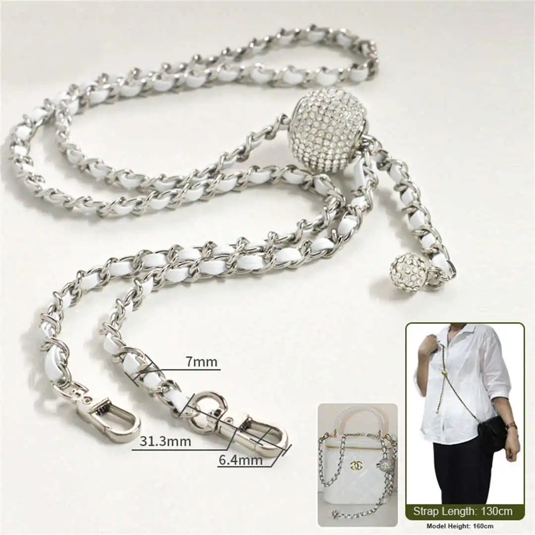 crossbody silver chain with white leather 130cm on a white background