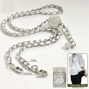 crossbody silver chain with white leather 140cm on a white background