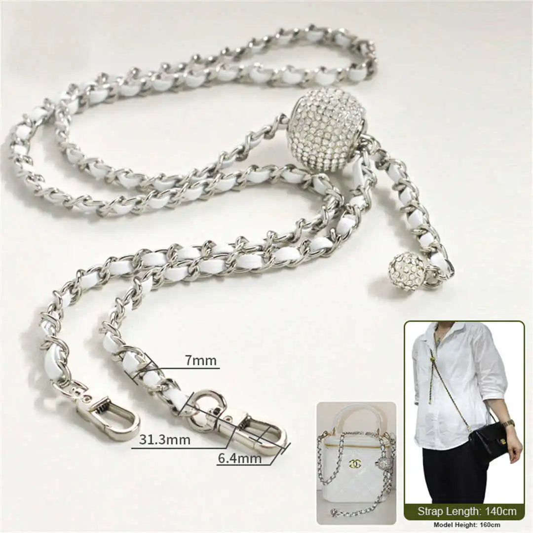 crossbody silver chain with white leather 140cm on a white background