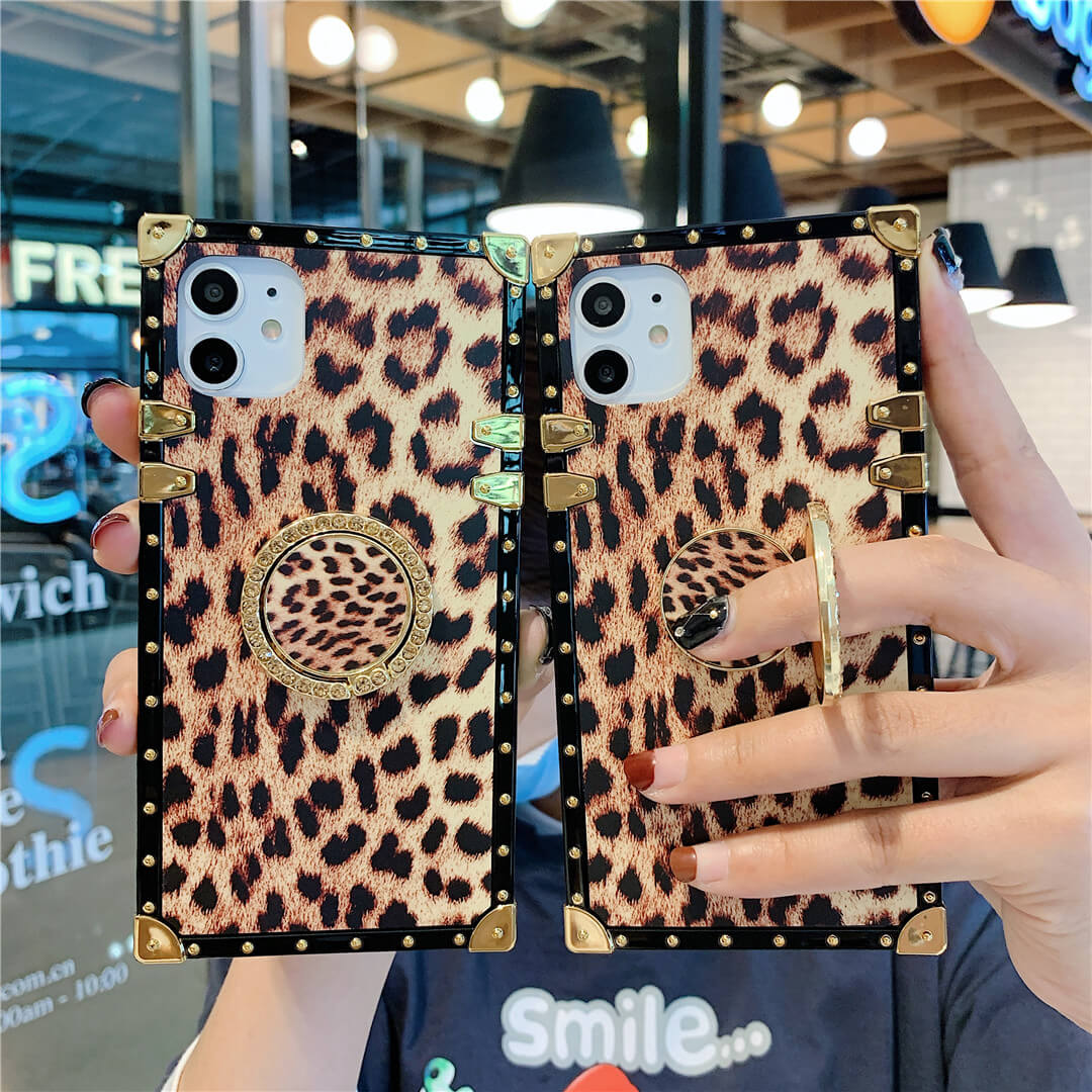 Leopard Square Edge Ring Stand Trunk Luxury Phone Case With